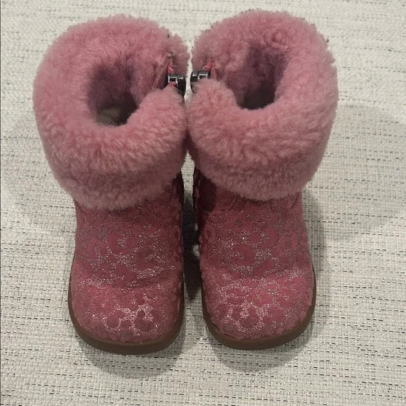 Pink Fuzzy Leopard Sparkle Toddler Boots - Picture 1 of 5